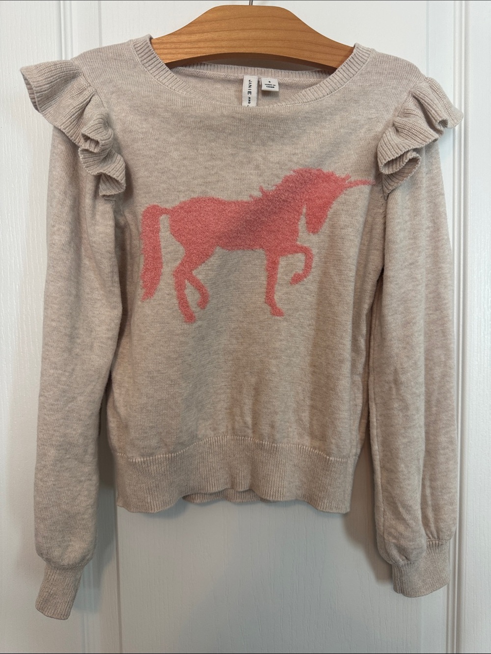 Janie & Jack Girls Sz 6 Beige Sweater w/ Pink Unicorn Motif and Ruffle Shoulders